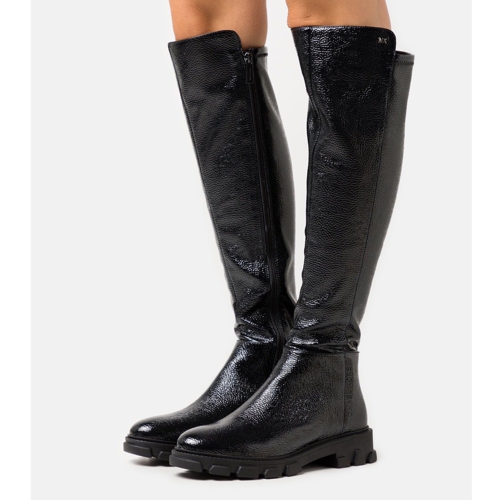 Michael Kors Over The Knee Boots Black Crackled Patent Lug Sole Womens Size 10 - Picture 2 of 11